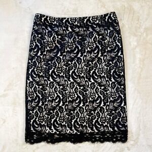 White House Black Market Pencil Skirt Womens 4 Black Floral Lace Lined